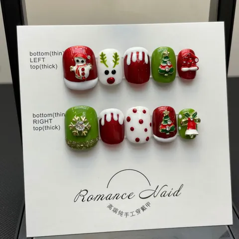 Handgefertigt Weihnachten Künstliche Nägel 3D Harz Schneemann Rentier Baum Strass Rot Grün Weiß Falsche Nägel Für Damen Party