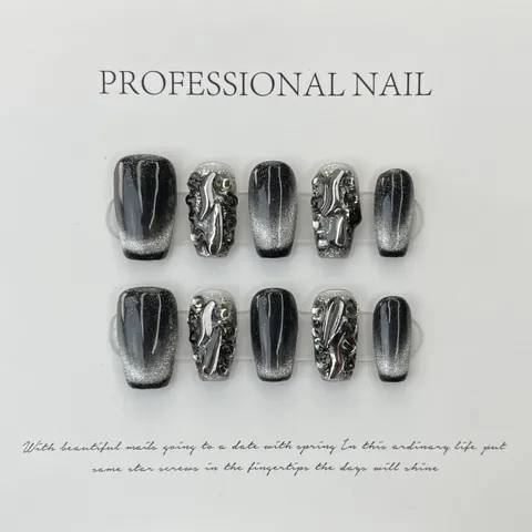 Handmade Press On Nails Black Silver Cat Eye Rhinestone Trapezoid Gothic Cool Dark Style False Nails For Women Decorative Art