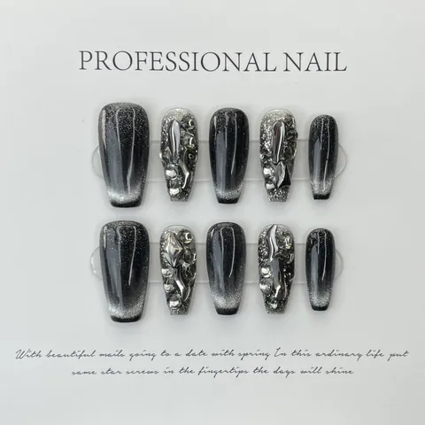 Handmade Press On Nails Black Silver Cat Eye Rhinestone Trapezoid Gothic Cool Dark Style False Nails For Women Decorative Art