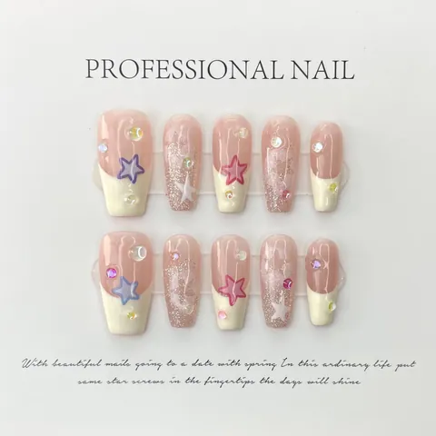 Handmade French Press On Nails Set Pink White Stars 3D Heart Pearls Decoration Luxury Coffin Oval Long Short False Nails For Women Jewelry