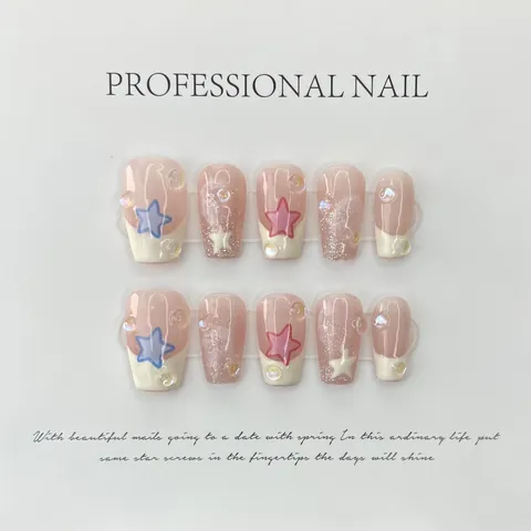 Handmade French Press On Nails Set Pink White Stars 3D Heart Pearls Decoration Luxury Coffin Oval Long Short False Nails For Women Jewelry