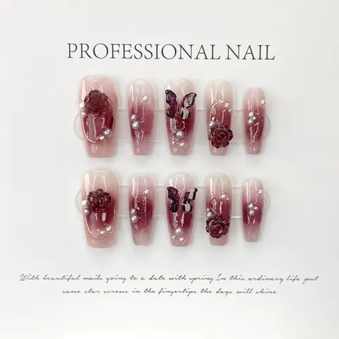 Handmade Wine Red Camellia Press On Nails 3D Rose Butterfly Artificial Pearl Design Gradient Short Long Coffin Fake Nails Fashionable