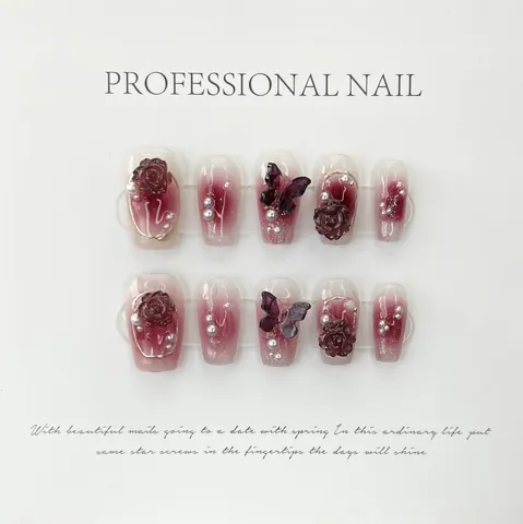 Handmade Wine Red Camellia Press On Nails 3D Rose Butterfly Artificial Pearl Design Gradient Short Long Coffin Fake Nails Fashionable
