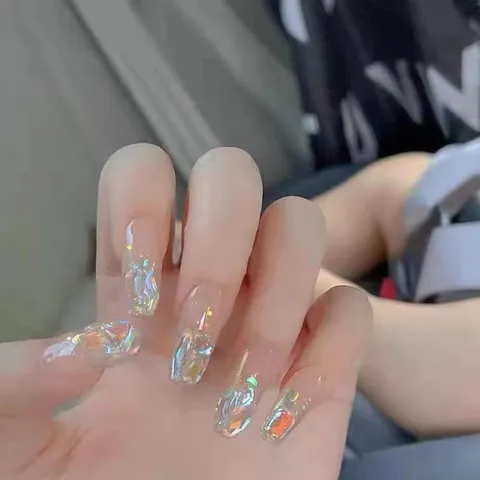 Handmade Press On Nails Fake Nails Short Round Coffin Nails with Rhinestones Heart Designs Acrylic Nail Art Tips Set for Women