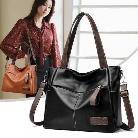 Sac Tote Femme en Cuir PU Grande Capacité Mode Surpiqûres Contrastées Sac à Bandoulière Polyvalent Sac à Main de Ville Quotidien