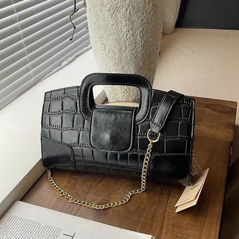 Sac à Main pour Femme en Cuir PU Motif Crocodile Chaîne Dorée Sac Bandoulière Texture Alligator Petit Sac Carré