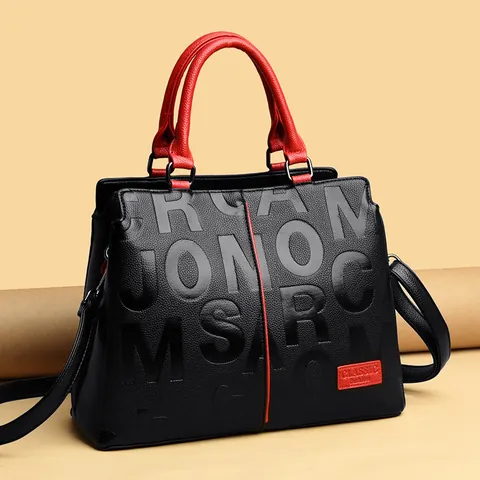 Women Large Capacity PU Leather Handbag Embossed Letter Pattern Top Handle Bag Contrast Color Crossbody Shoulder Bag Daily Lady Travel Bag
