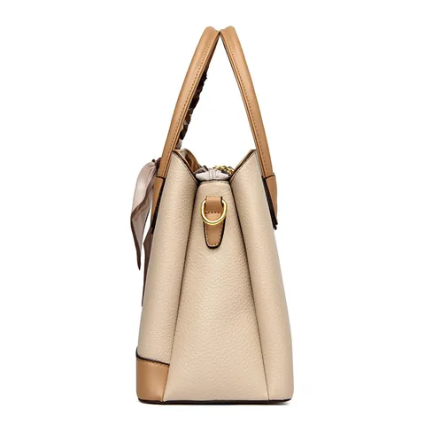 Women Large Capacity PU Leather Tote Bag With Satin Scarf Decoration Contrast Color Fashion Handbag Shoulder Crossbody Bag