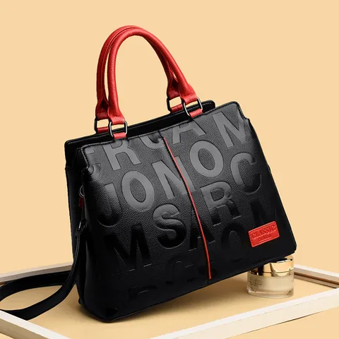 Women Large Capacity PU Leather Handbag Embossed Letter Pattern Top Handle Bag Contrast Color Crossbody Shoulder Bag Daily Lady Travel Bag