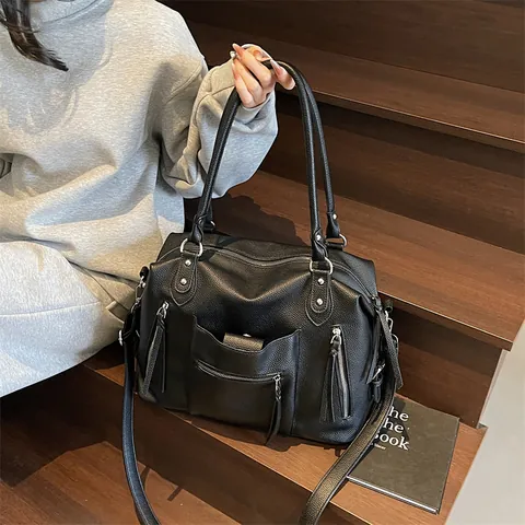 Sac Fourre-tout en Cuir PU pour Femme Grande Capacité Rétro Texture Litchi Multi Poches Sac à Bandoulière Avec Gland Pour Trajet
