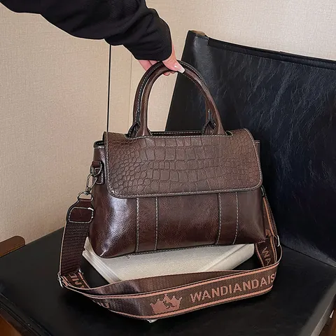 Γυναικεία Vintage Τσάντα Χειρός από Δέρμα PU με Σχέδιο Κροκόδειλου Τσάντα Boston με Επάνω Λαβή και Φαρδύ Υφασμάτινο Ιμάντα