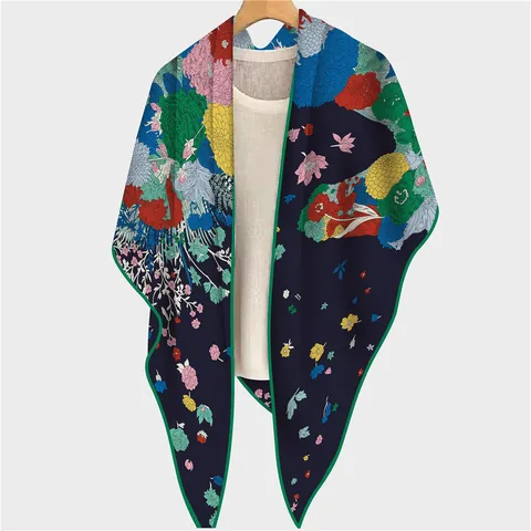 Women French Vintage Cashmere-like Scarf Artistic Horse Floral Print Large Square Shawl Contrast Border Warm Decorative Wrap