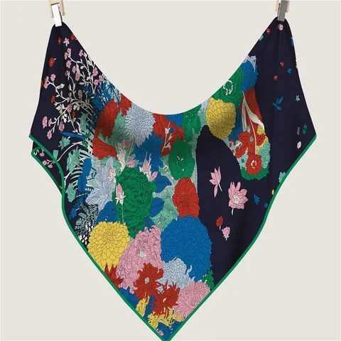 Women French Vintage Cashmere-like Scarf Artistic Horse Floral Print Large Square Shawl Contrast Border Warm Decorative Wrap