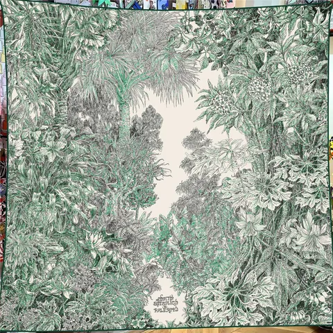 Vintage Botanical Garden Print Scarf Faux Silk Wool Blend Large Square Shawl With Hand Rolled Edge Tropical Palm Leaf Wrap For Women