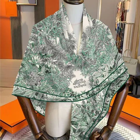 Vintage Botanical Garden Print Scarf Faux Silk Wool Blend Large Square Shawl With Hand Rolled Edge Tropical Palm Leaf Wrap For Women