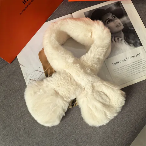 Women Winter Faux Fur Scarf Thick Warm Solid Color Plush Neck Warmer Cross Collar Neck Scarf Cold Weather Accessories