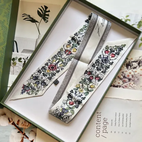 Women Vintage Satin Narrow Scarf Floral Print Twilly Scarf Paris Letter Hair Ribbon Handbag Decor Neck Tie Accessories