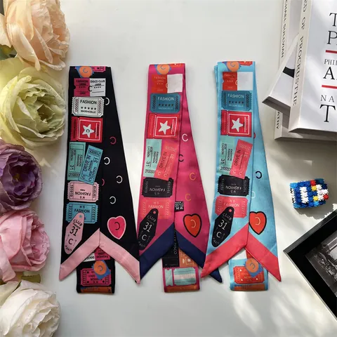Vintage Ticket Print Satin Skinny Scarf For Women Retro Letter C Pattern Twilly Bag Handle Ribbon Neck Scarf Headband