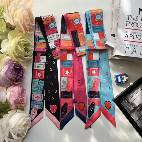 Vintage Ticket Print Satin Skinny Scarf For Women Retro Letter C Pattern Twilly Bag Handle Ribbon Neck Scarf Headband