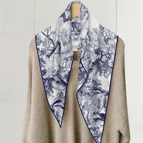French Toile De Jouy Jungle Lion Print Imitation Cashmere Scarf For Women Vintage Rhombus Twilly Neckerchief Headband Accessory