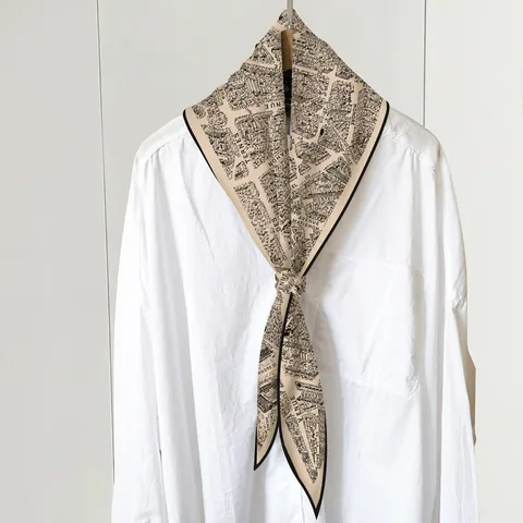 Vintage Paris Map Print Rhombus Satin Scarf For Women Retro French Style Beige Black Edging Decorative Headband Neck Scarf