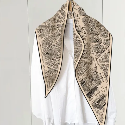 Vintage Paris Map Print Rhombus Satin Scarf For Women Retro French Style Beige Black Edging Decorative Headband Neck Scarf