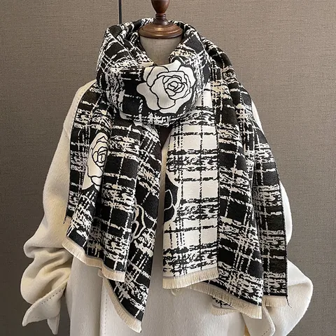Women Winter Scarf Shawl Elegant Imitation Cashmere Thickened Warm Plaid Rose Flower Print Fringed Pashmina Wrap
