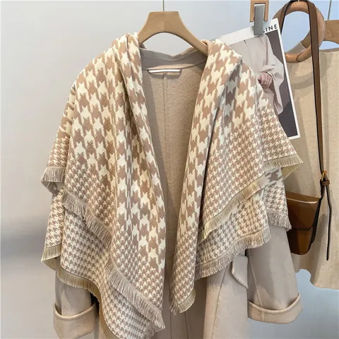 Bufanda Clásica De Pata De Gallo Para Mujer Tipo Cachemira Gran Chal Cuadrado Con Borlas Bufanda Gruesa Cálida Para Otoño Invierno Capa Decorativa