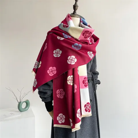 Sciarpa Donna con Stampa Floreale di Camelia Scialle Caldo in Imitazione Cashmere con Nappine Frange Righe Inverno Moda Wrap