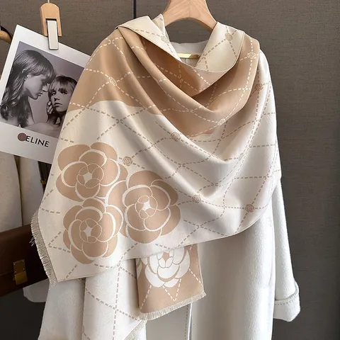 Sciarpa in Finto Cashmere con Motivo a Camelia Elegante Stampa a Griglia Scialle con Nappe Caldo Avvolgimento Invernale Donna Moda