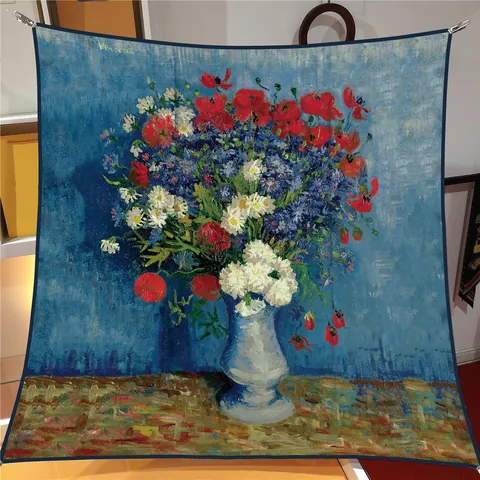 Vintage Van Gogh Ölgemälde Floral Satin Quadratisches Tuch Großer Schal Für Damen Künstlerisch Polyester Seidenartig Halstuch Accessoire