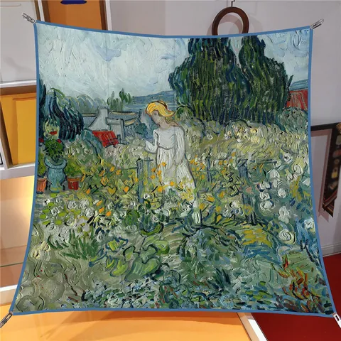 Impressionistische Ölgemälde Garten Mädchen Satin Quadratischer Schal Für Damen Vintage Floral Polyester Halstuch Kopftuch