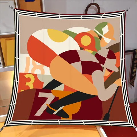Vintage Ruiter Paardenraces Print Vierkante Sjaal Vrouwen Grote Polyester Satijn Geometrische Kleurblok Sjaal Wrap