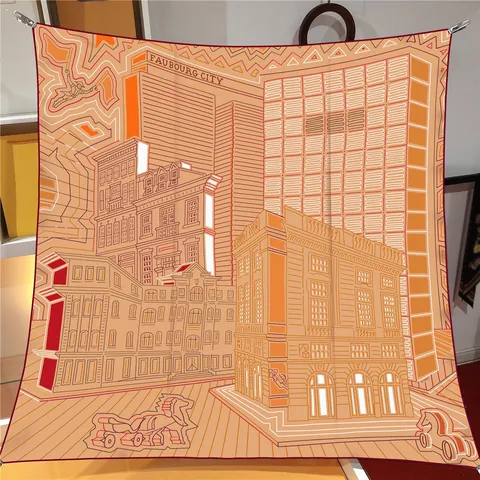 Französischer Vintage Orange Geometrische Architektur Bedruckter Satin Quadratischer Schal Für Damen Mode Stadtbild Muster Tuch