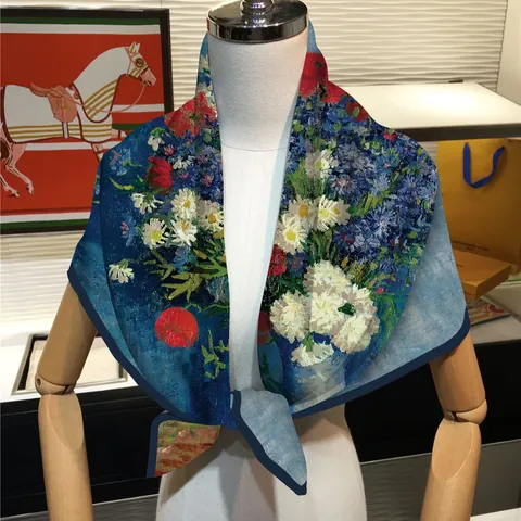 Vintage Van Gogh Ölgemälde Floral Satin Quadratisches Tuch Großer Schal Für Damen Künstlerisch Polyester Seidenartig Halstuch Accessoire