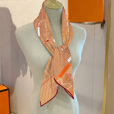 Französischer Vintage Orange Geometrische Architektur Bedruckter Satin Quadratischer Schal Für Damen Mode Stadtbild Muster Tuch