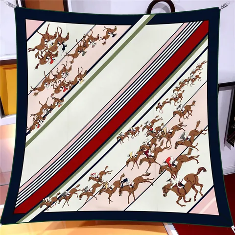 Vintage Equestrian Horse Racing Print Satin Square Scarf For Women Multi Color Striped Silk Like Head Handbag Scarf