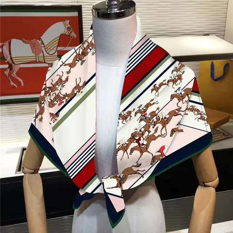 Vintage Equestrian Horse Racing Print Satin Square Scarf For Women Multi Color Striped Silk Like Head Handbag Scarf