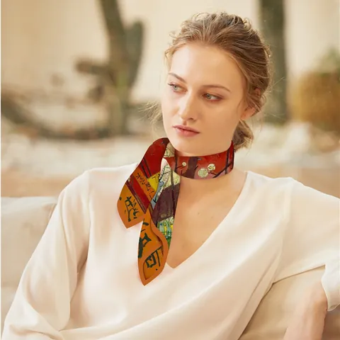 Vintage Van Gogh Plum Orchard Print Square Scarf Artistic Polyester Satin Handkerchief Neckerchief For Women Neck Scarf