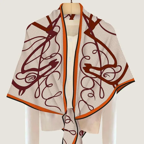 Elegant Women Equestrian Horse Print Triangle Scarf Satin Look Large Shawl Orange Beige Windproof Wrap For Autumn Winter
