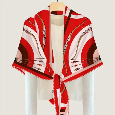 Women Elegant Archery Pattern Triangle Scarf Warm Cashmere-Like Satin Shawl Wrap Vintage Winter Neck Warmer For Women
