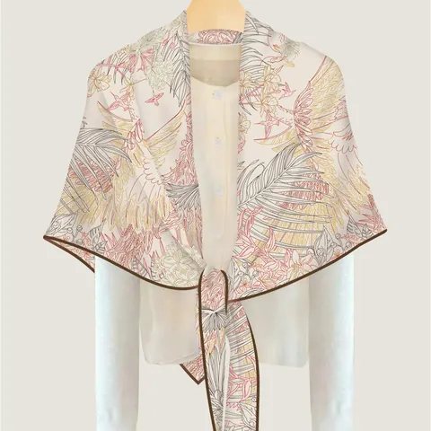Women Vintage Cashmere Like Shawl Scarf With Tropical Floral Bird Print Warm Knit Triangle Wrap Oversized Winter Scarf