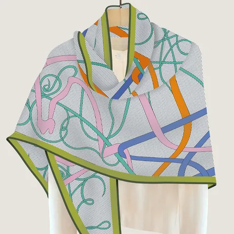 Women Satin Horse Print Triangle Scarf Elegant Large Hand-Rolled Edge Shawl Abstract Line Printed Wrap For Fall Winter