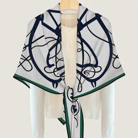 Women's Elegant Cashmere-like Triangle Scarf With Abstract Horse Print Green Border Soft Warm Winter Neck Shawl Accessory
