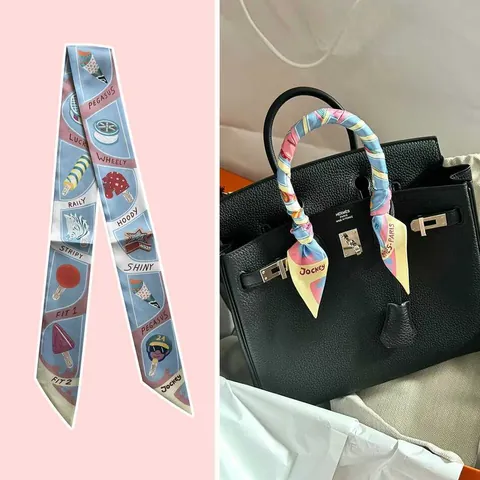 Elegante Satijn Twilly Sjaal Voor Dames Artistieke Print Tas Handvat Lint Haarband Franse Stijl Smalle Sjaal Nekdoek