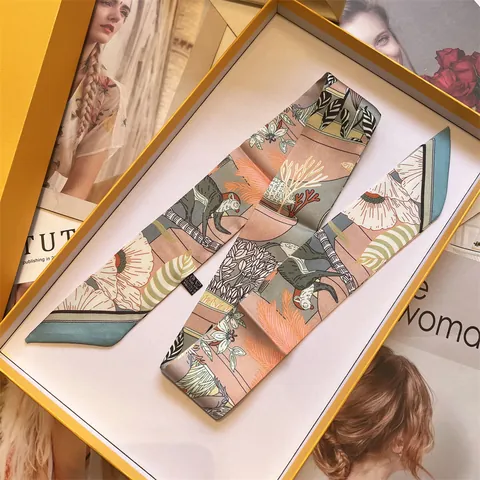 Dames 100% Zijde Twilly Sjaal Elegant Dier Tropische Plant Print Smalle Handtas Sjaal Haarband Lint Met Gele Geschenkdoos