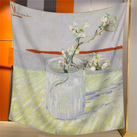 Vintage Artistic Van Gogh Oil Painting Almond Blossom Faux Cashmere Square Scarf Luxury Soft Warm Shawl For Women Fall Winter