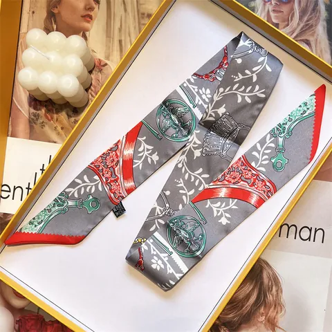 Dames Retro Paardensport Print Satijn Twilly Sjaal Elegant Smal Zijdeachtig Stropdas Voor Tas Handvat Haaraccessoire Cadeau