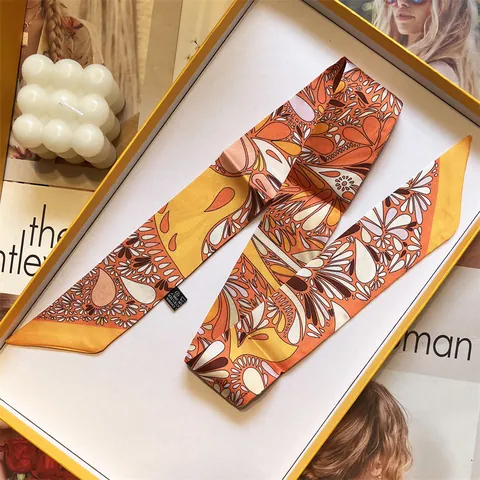 Women Retro Paisley Floral Printed Narrow Long Polyester Satin Scarf Hair Ribbon Twilly For Bag Handle Neck Scarf Decoration