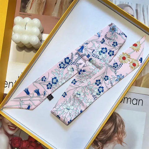 Women's Floral Satin Skinny Scarf Elegant Hair Tie Bag Handle Ribbon Small Silk Scarf For Neck Head Decoration Gift